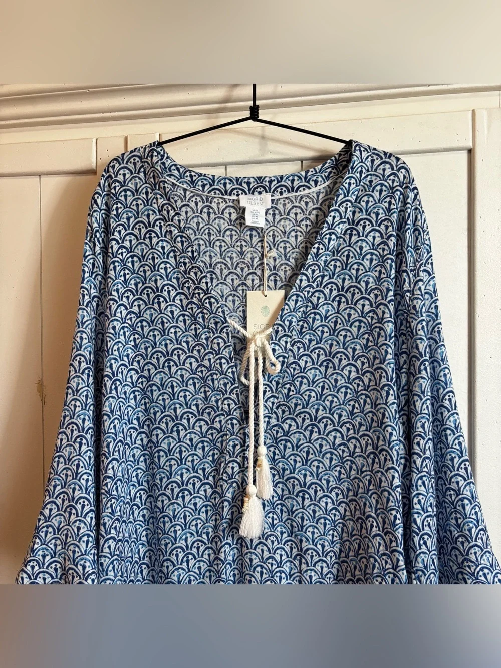 Sigrid Olsen Blue White Linen Coastal Print Tassel Tunic Dress XL NWT